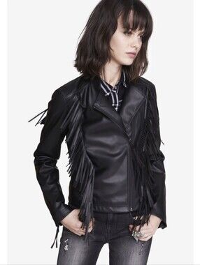 Express vegan leather jacket fringe black moto women's Size XS